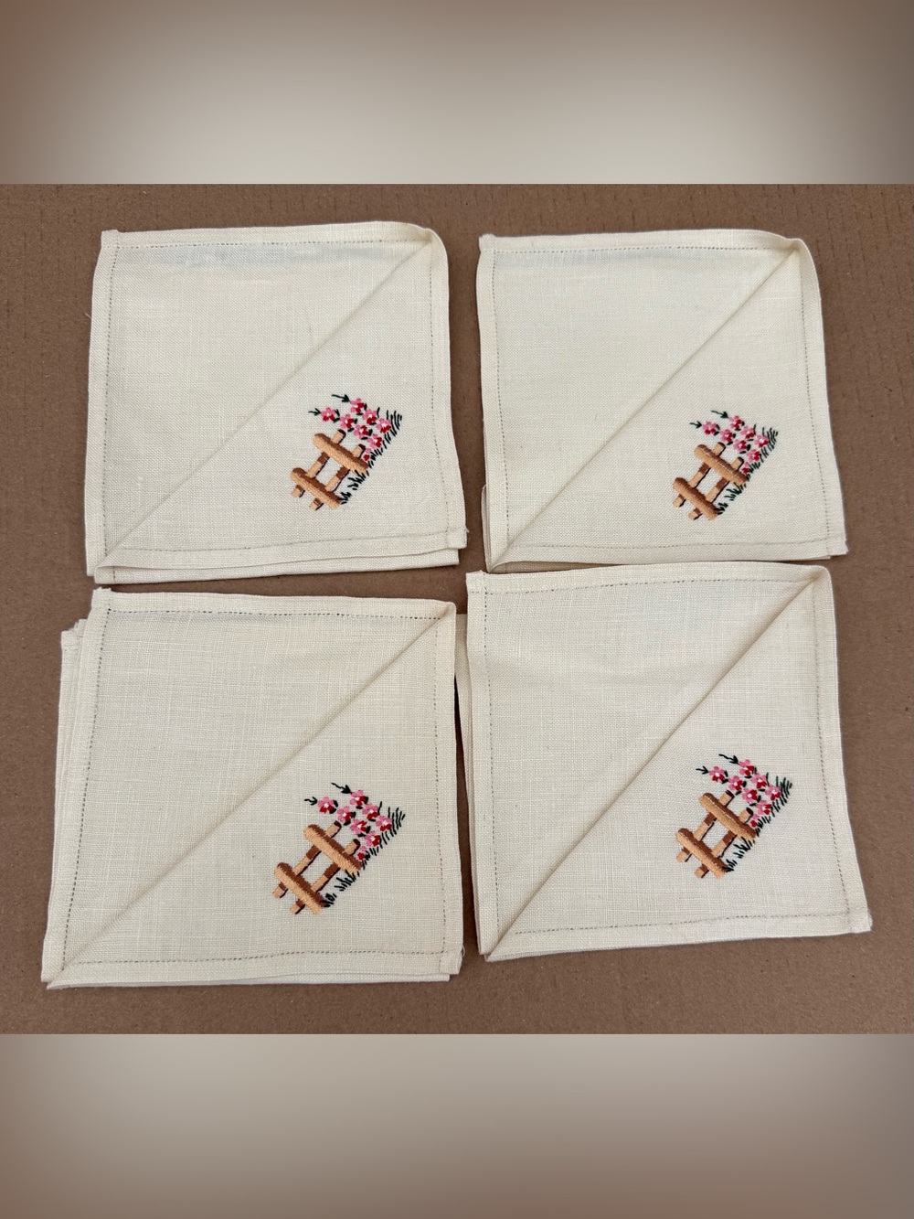 Set of 4 Vintage Linen & Hand Embroidered Luncheon Napkins